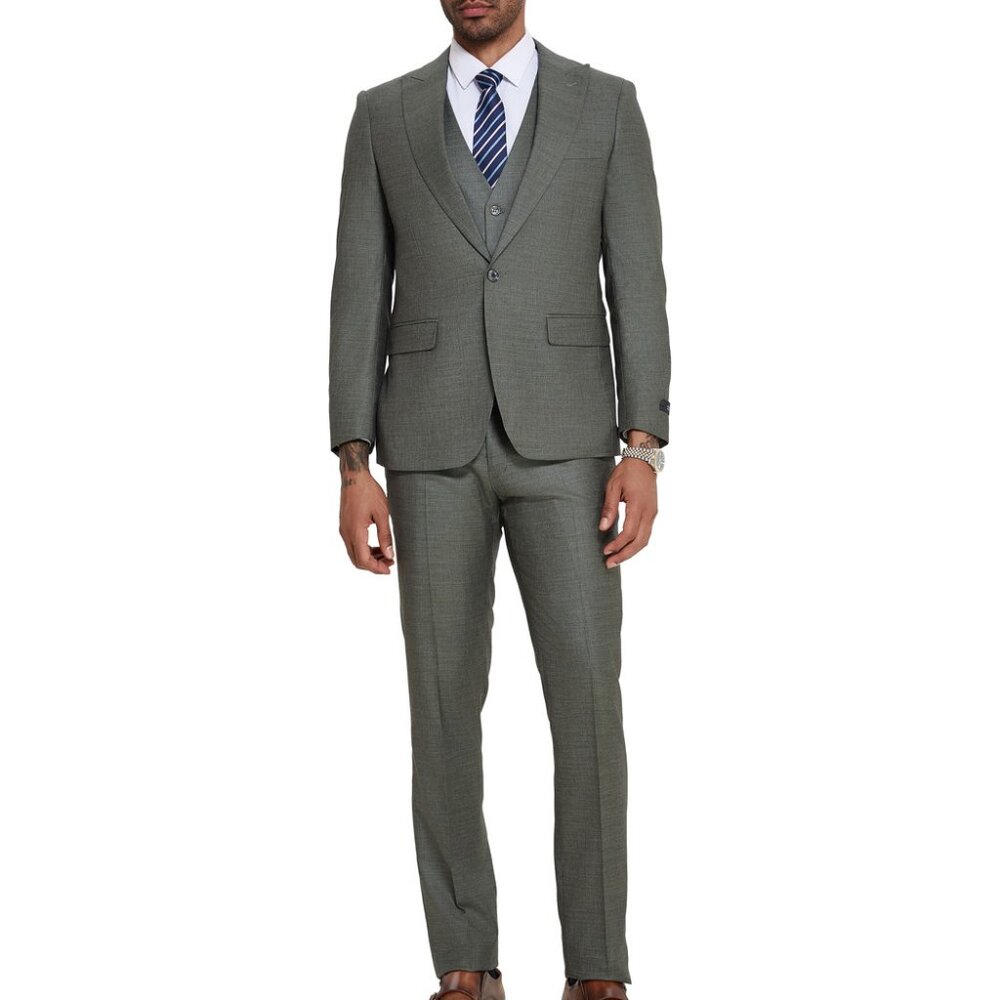 Sage Wide Peak Lapel 3 Piece Skinny Fit Tazzio Men's Suit
